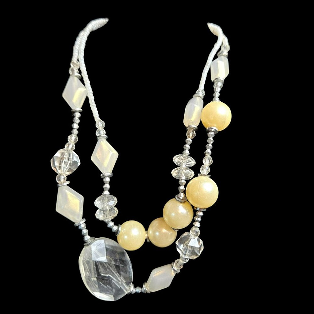 Vtg Double Strand Necklace Faux Pearl Clear Acrylic Opalescent Beads Silver Tone